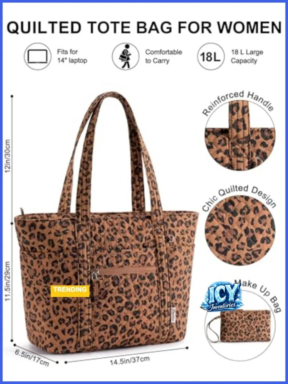 Quilted Cotton Tote Bag for Women with Laptop Sleeve and 40oz Cup Holder